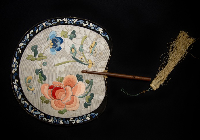 EMBROIDERED PADDLE FAN WITH PEONIES AND BUTTERFLY