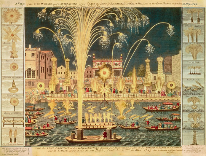 A VIEW of the FIRE-WORKES and ILLUMINATIONS at his GRACE the Duke of RICHMOND'S at WHITEHALL and on the River Thames on Monday 15 May 1749